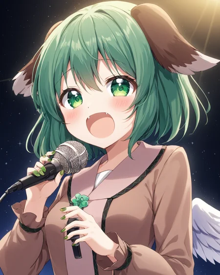 kasodani kyouko, dog_tail, open_mouth, long_sleeves, bird_wings, green_nails, fang, white_wings, 2girls, holding_microphone, blush, nail_polish, music, 1girl, solo, brown_dress, pink_dress
<lora:kasodani_kyouko_image2405_2023-12-20-000008:1>,star-shaped_pupils,symbol-shaped_pupils,. gorgeous,key visual, vibrant, studio anime,award-winning, professional, highly detailed,high budget, cinemascope