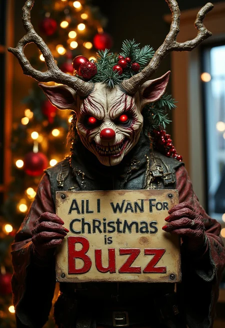 "All I want for Christmas is Buzz", A horrific, Christmas-themed Xmasdemon, monster with antlers and decorations on its head, is holding a sign in front of a christmas tree, horrorcore,   dark fantasy, photorealistic, hyper-realistic, christmascore