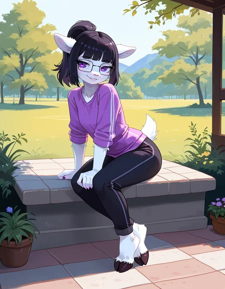 masterpiece, best quality, very aesthetic, absurdres,
outdoors,
full body, seductive smile, parted lips, long eyelashes,
<lora:Tala_v01_NAIXL:1>
T4l4,1girl,furry,furry female,black hair,animal ears,ponytail,blunt bangs,purple eyes,glasses,snout,animal nose,body fur,white fur,tail,hooves