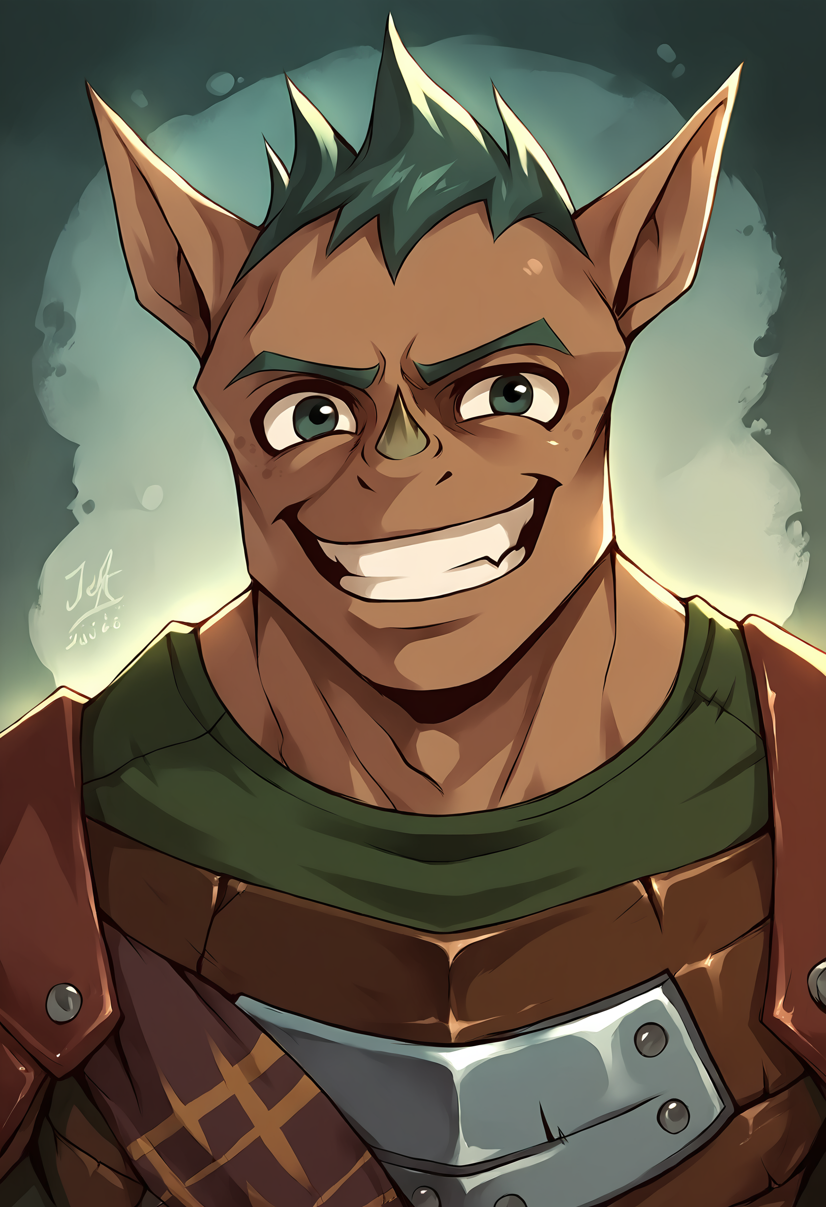 score_9, score_8up, score_7up, score_6up, score_5up, score_4up, absurdres, highly detailed, realistic, dutch angle, dynamic angle, abstract background, source_furry, rating_safe, BREAK
solo, male, muscular male, sh_junko, alien, brown body, pointed ears, green hair, armor, upper body focus, smiling, grin, teeth BREAK
 <lora:Junko_-_Storm_Hawks_-_PDXL:1>