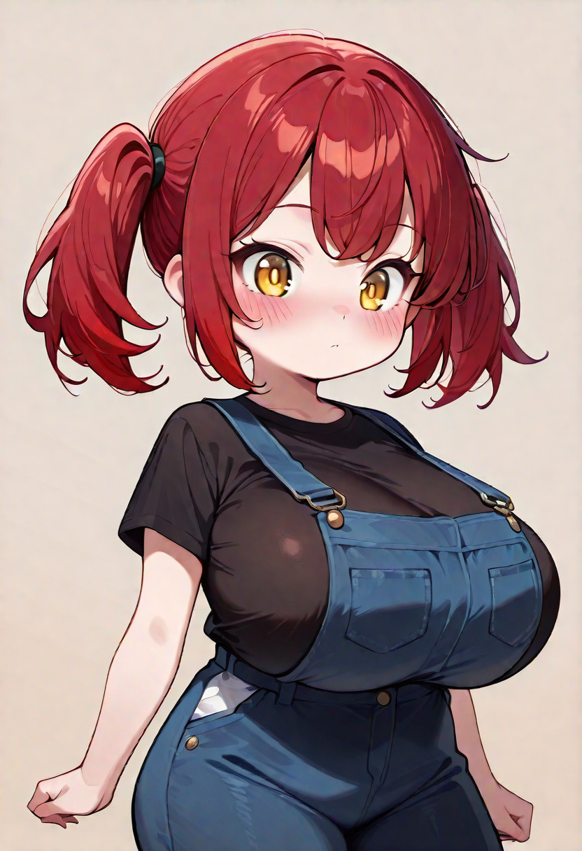 shortstack:, Red hair, twintail hair style, black shirt, short sleeve shirt, overalls, huge breast,
