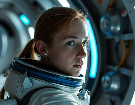photo of a young space_woman,20 years old, space station, cinematic shot, hard shadows, Fujifilm XT3