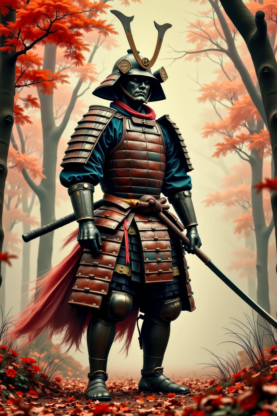A psychedelic minimal Anthotype print of the last weary samurai standing after an intense battle.    This is a full frame body shot, from head to feet, providing a environmental wide angle view of the entire body.  intricate details, masterpiece, best quality.  Soft volumetric lighting.  <flux_realism_lora:0.42> <FluxDFaeTasticDetails:0.36> <BaroqueColorful:0.48>