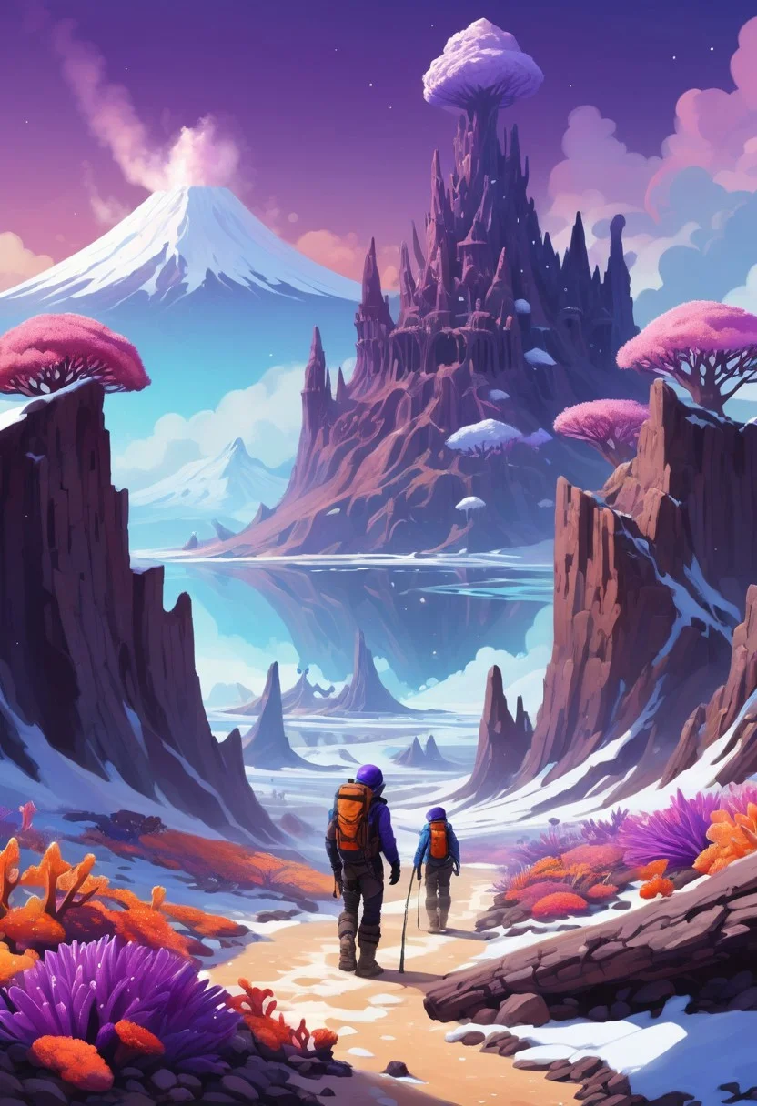 adventurers, volcano, sleds, landscape, skies, Opal Plants, Sandstone Trees, crystal snow, Rattan flowers, Crystallized Sap, Dark Violet animals, Coral Reef Castles, Fleece, bioluminescence, geysers, laughter, nature, civilization, harmonious balance, joy