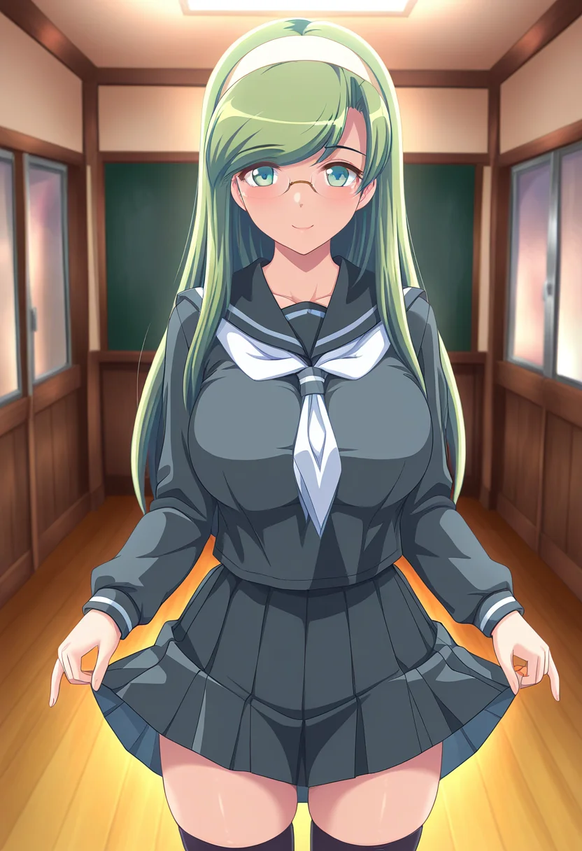 masterpiece, best quality, amazing quality, 1girl, solo, cowboy shot, mizukiww, green eyes, green hair, long hair, hairband, large breasts, glasses, school uniform, dark grey serafuku, long sleeves, dark grey pleated skirt, black socks, looking at viewer, smile, indoors, skindentation, detailed clothing folds, depth of field, sharp, high contrast, dynamic light <lora:Shintaisou_Shin_Nonohara_Mizuki_ill:0.9>