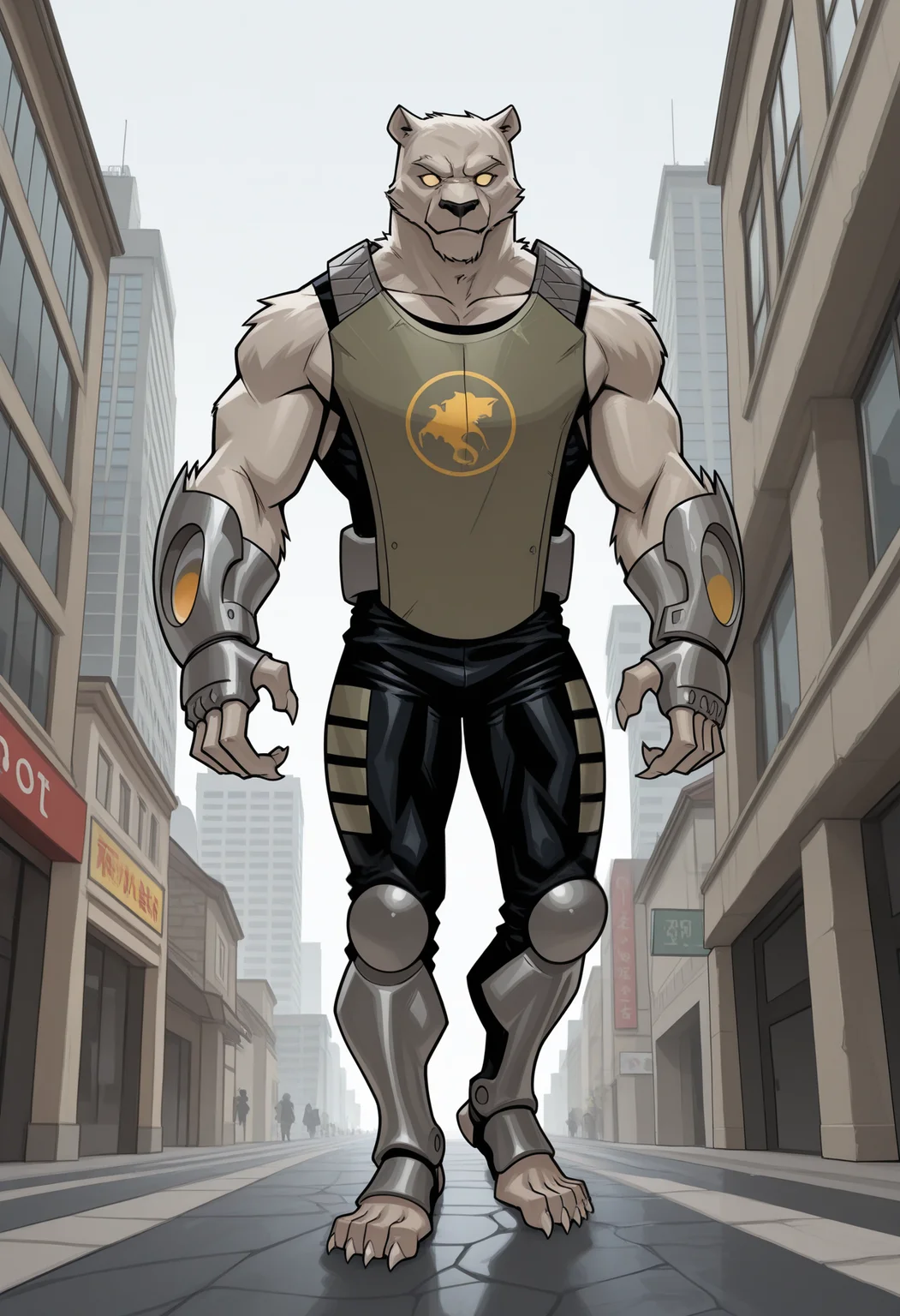 masterpiece,best quality,amazing quality, 1boy, solo, w0lfm4n, furry, green vest, comic black pants, black tank top, silver leg armor, silver gauntlets, colored sclera, no pupils, male focus, full body, city,
