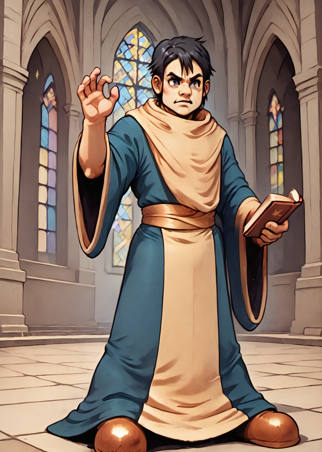 Lowe, standing, church, preaching, pulpit, solo, dynamic pose, holding a book, preacher, sermon, <lora:Lowe-000012:1>