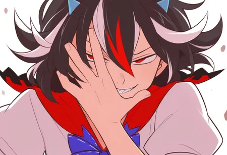 best quality, close up,
1girl, solo, kijin seija, smug, sharp teeth, grin,
hand over face,
dynamic pose, floating hair, floating clothes,