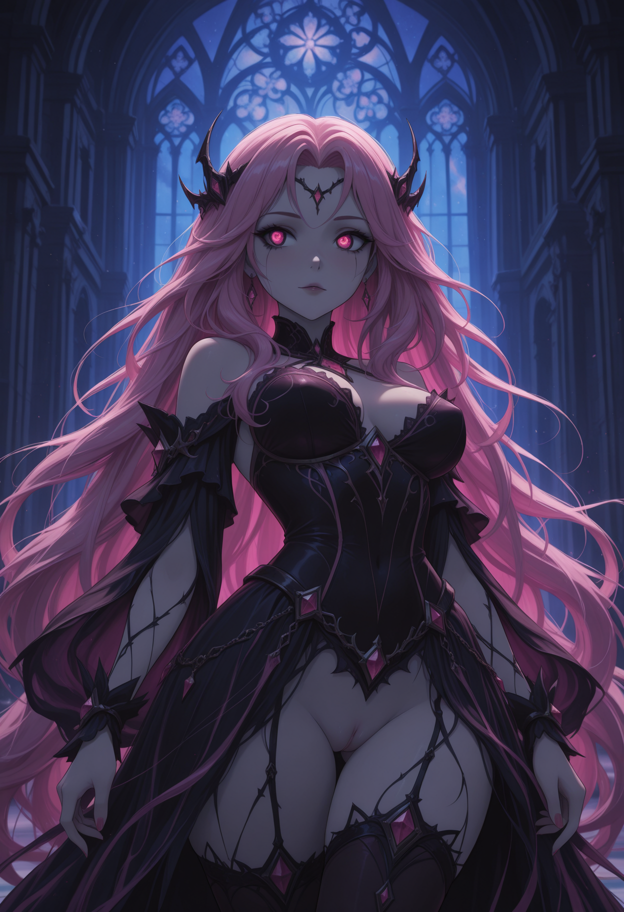 score_9, score_8_up, score_7_up, score_6_up, dynamic, (anime, masterpiece), best quality, (8k), detailed background, sharp focus, intricate, ambient lighting, super high quality, hyper detailed background, cinematic lighting, adult, double tone nebula pink very long hair, medium breasts, mature, adult, fantasy, sexy, woman, slip-showing, knee-highs, skating dress,  cathedral, bashful, nudity, pussy, ghostly periwinkle eyes,  <lora:CatgirlStyle-000013:1>, CatGirlStyle, spread_pussy, 