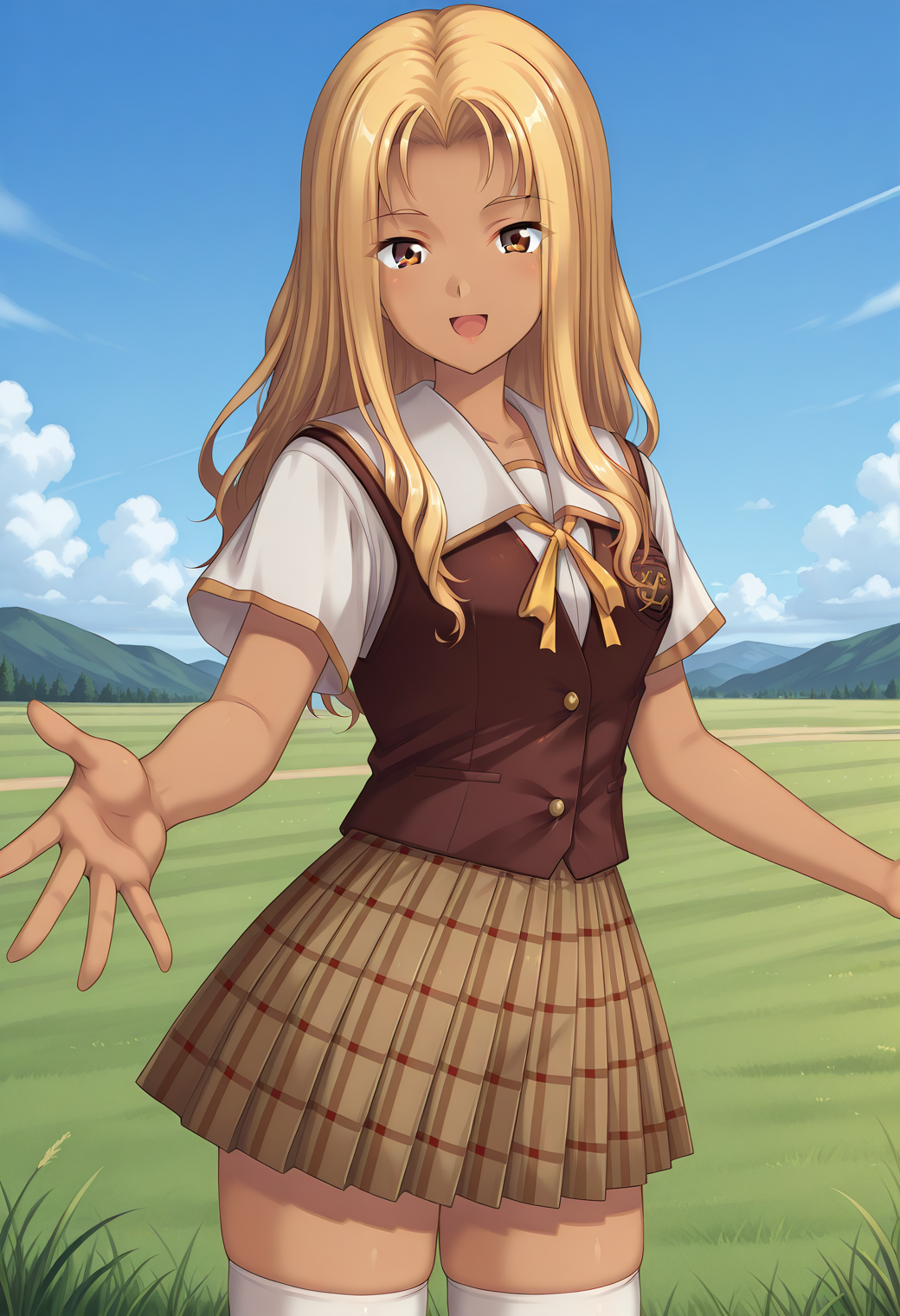 kuon_kyoko, brown eyes, blonde hair, long hair, dark-skinned female, dark skin, school uniform, white sailor collar, white shirt, brown vest, short sleeves, plaid skirt, brown skirt, white thighhighs, zettai ryouiki, <lora:kuon_kyoko_illustrious_ver1:0.8> 
smile, open mouth,, masterpiece, best quality, very aesthetic, absurdres,, general,, 1girl, solo, blue sky, (grasslands:1.2), looking at viewer,, (cowboy shot, dynamic pose:1.4),