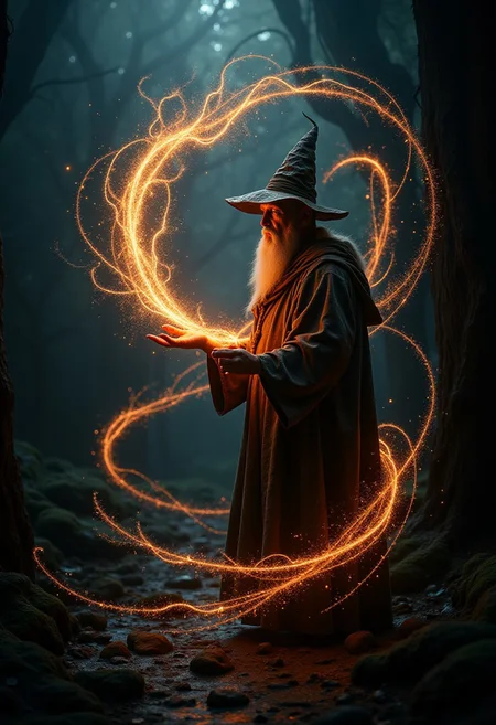 a wizard holding a surreal Circlet Pencil, expanding sparks, Eclectic spell painting unkown symbols made out of Cinestill particles in the room, Labyrinthine, eerie