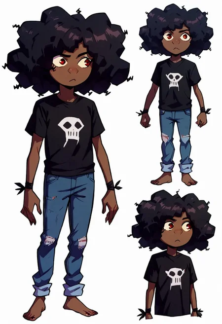 score_9, score_8_up, score_7_up, 1girl, solo, cartoon,
easynegative, conceptart, multiple views, full body, profile pictures, white background, simple background,  , simple background, 
brown skin, red eyes,  curly black hair, massive afro, short female,cuffed grey jeans, black T-shirt, blue wolf-skin hood, two pieces black fabric tied around wrists,<lora:Wolf_AoW:1>, five fingers, perfect anatomy, flat chest, child