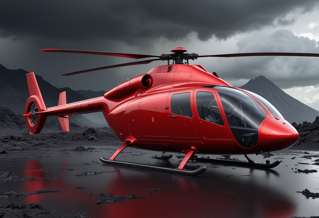 (medium full shot) of (streamlined minuscule metallic-red helicopter) with stealth-coating body, piston engine, elegant curves, luminescent surfaces, set in  enduring the intense heat near a volcano, the helicopter's systems straining to cope with the conditions, during a storm, Masterpiece,best quality, photo, realistic, very aesthetic,