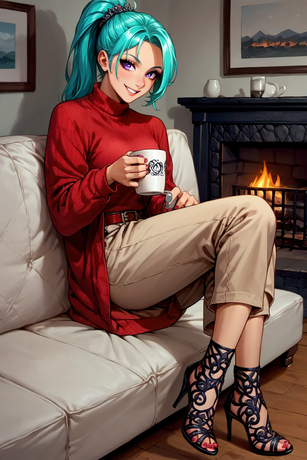 score_9, score_8_up, score_7_up, score_6_up, source_anime, 1girl, score_9, solo, hyLna, cyan hair, high ponytail, hair ornament, purple eyes, red sweater, beige pants, sitting, couch, holding mug of coffee, smile, fireplace, Cage Heels, Legs Crossed, Nail Polish