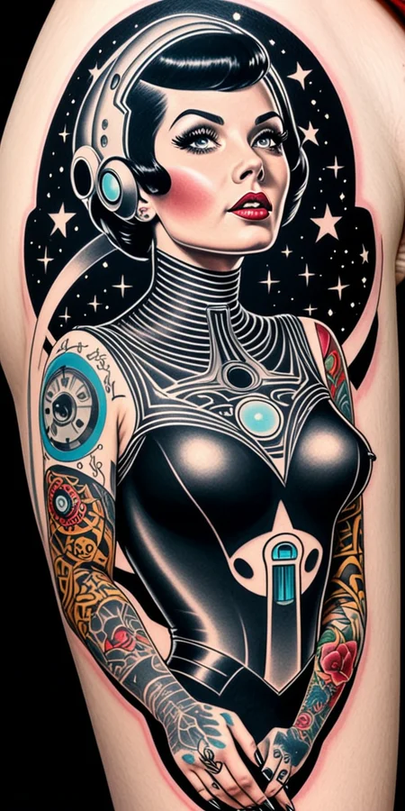 a woman tattooed in DarkTatExStarz style <lora:DarkTatExStarz:0.437>in an 1960's space ship