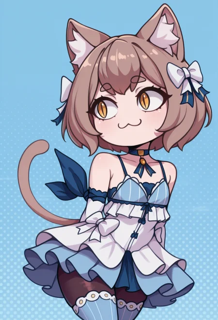 1girl, solo, blue background, polka dot background,
masterpiece, best quality, <lora:necoarccon-guy90-Illust-LycorisV1:1>, noccen, animal ears, :3, chibi, cat tail, animal ear fluff, slit pupils, <lora:rezero_felixargyle_illustriousXL:1> flxrgl, otoko no ko, short hair, brown hair, bob cut, hair bow, white bow, animal ears, yellow eyes, thick eyebrows, short dress, layered dress, blue dress, white dress, vertical-striped dress, frilled dress, spaghetti strap, bolo tie, dress bow, detached sleeves, arm ribbon, blue ribbon, thighhighs over pantyhose, blue thighhighs, vertical-striped thighhighs, black pantyhose, blue choker, bare shoulders