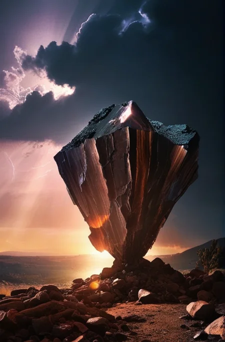(Introduce quality iteratively))((large glowing transparent natural mineral, mystic light inside, sunbeam,  sunset, lightnings, dramatic lighting))(evocative depth of field)(grounded sharpness)(abyss black point)(art of genius)(earthly gradients)(earthy colorful saturated hues))(earth corners vignette))
<lora:LCM-LoRA-XL_V1:0.21>
<lora:SDXLHighDetail_v5:0.3>