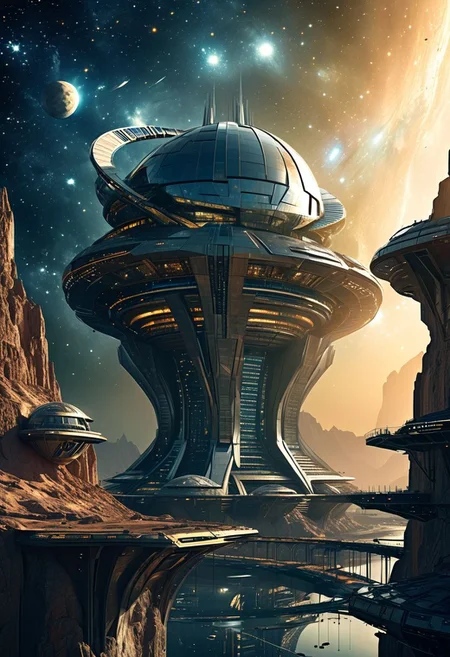 concept art of futuristic arcology, astroengineering megastructure in starry space, crisp digital render, reflective textures, intricate details, high resolution