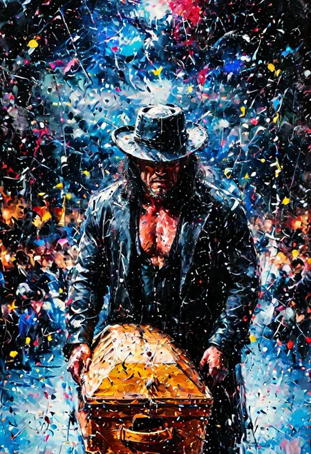 professional portrait of The Undertaker from wrestling, carrying a coffin, dynamic angle, arena scene, cinematic feel, movie grain, extreme detail, ultra realism, depth of field, viginette