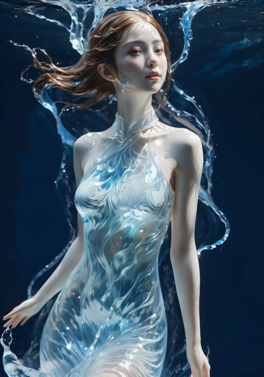 (Masterpiece, high quality, best quality, official art, beauty and aesthetics:1.2),<lora:xl-shanbailing-æ°´åç´ 1011waterV20:0.75>,water element,a girl made of water,1girl,water,realistic,reality,((translucent luminous body)),halter_dress,