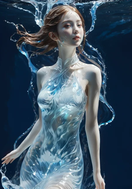 (Masterpiece, high quality, best quality, official art, beauty and aesthetics:1.2),<lora:xl-shanbailing-æ°´å
ç´ 1011waterV20:0.75>,water element,a girl made of water,1girl,water,realistic,reality,((translucent luminous body)),halter_dress,