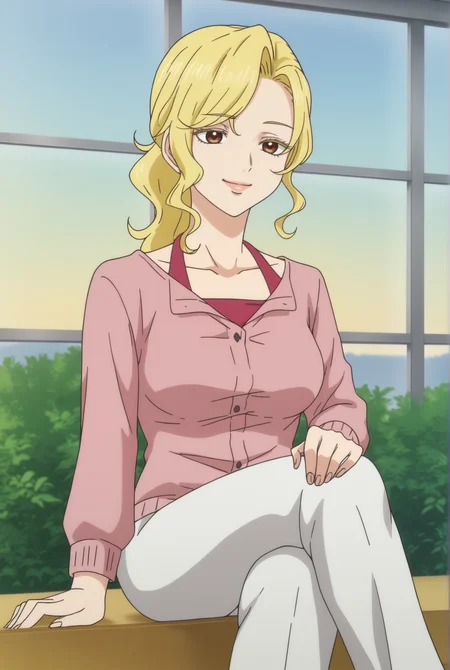 <lora:Marisa_Hyoudou:0.8>, white background, Marisa Hyoudou, 1girl, pink shirt, white pants, sitting, smile,