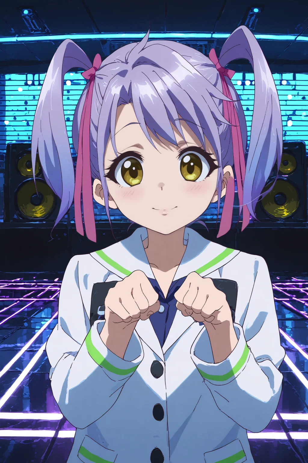 kurumi kumamakura,1girl,solo,smile,twintails,ribbon,yellow eyes,hair ribbon,purple hair,,looking at viewer,school uniform,jacket,lowlight,low light,oily skin,shiny_skin,upper body,smile,good_hands,standing,paw pose BREAK indoors,nightclub,music,lights, dancefloor, DJ, speakers,shadows,led,purple neon led <lora:Kurumi_Kumamakura_-_Musaigen_no_Phantom_World.safetensors:0.8> <lora:detailed_backgrounds_v2.safetensors:0.7> <lora:lowlight.safetensors:0.8>