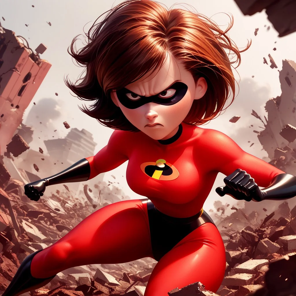 score_9, score_8_up, score_7_up, score_6_up, score_5_up, score_4_up, rating_questionable, 1girl, Hel_enParr, superhero, eye mask, big hips, ripped clothing, determined look, punching, stretchy arms, rubble, wind blowing hair, short hair