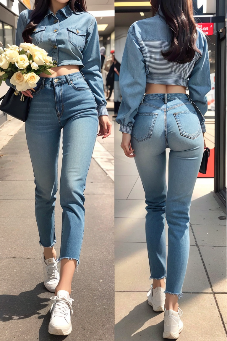 (masterpiece, best quality, 8k, RAW photo, beautiful and aesthetic:1.2),  complex detail, Indirect light, photorealistic,
full body, 1girl,
accessories to complete the look might include vintage-style jewelry, a woven basket, and a bouquet of flowers,
denim jacket, striped shirt, and white sneakers,
 <lora:CWbIGassv001-01:1> woman back view,   (broad pelvis),  glowing, (ass visible through thighs),