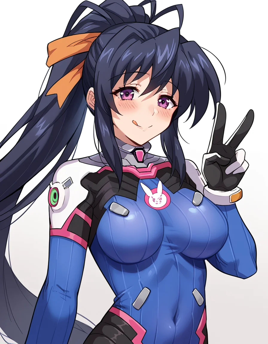 score_9, score_8_up, score_7_up, source_anime, <lora:akeno-himejima-ponyxl-lora-nochekaiser:1>, akeno himejima, long hair, black hair, ribbon, very long hair, purple eyes, hair ribbon, ponytail, antenna hair, large breasts,, <lora:overwatch-dva-cosplay-ponyxl-lora-nochekaiser:1>, overwatch dva cosplay, d.va (overwatch) (cosplay), bodysuit, cosplay, covered navel, skin tight, vertical-striped bodysuit, streets, smile, blush, v, v over eye, tongue out, cowboy shot, looking at viewer