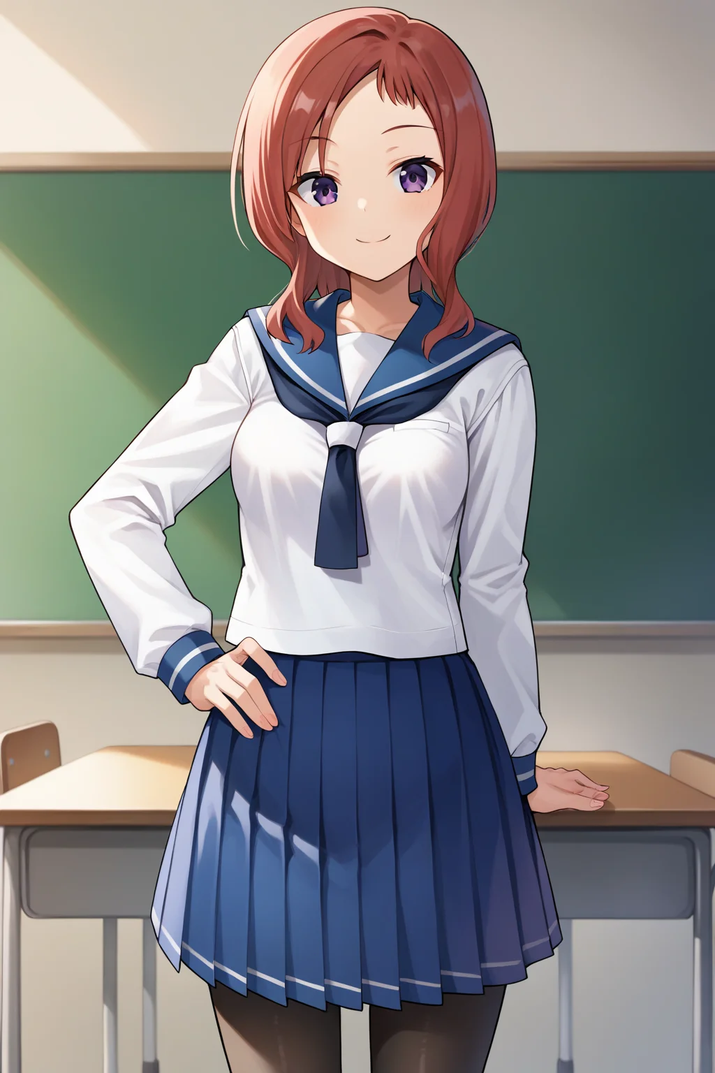 score_9, score_8_up, score_7_up, source_anime, hisatakei, <lora:takei_hisa_XL:0.9>,  1girl, solo, red hair, medium hair, purple eyes, medium breasts, school uniform, serafuku, white shirt, long sleeves, blue sailor collar, blue neckerchief, blue skirt, pleated skirt, black pantyhose, looking at viewer, smile, groin, hand on own hip, indoors, desk, classroom, cowboy shot