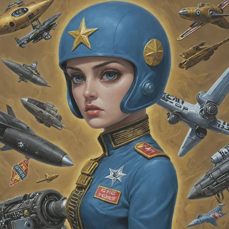 a surreal image in lowbrow art style of spacecraft hangar, heroic female fighter pilot, intricate highly detailed formal Cobalt Blue Warm cloth uniform, sci-fi, futuristic, cyberpunk, medals, utility belt, dramatic cinematic lighting, low angle shot, dynamic action posture, to scale, golden pilot sunglasses, highest facial details, dark, tools, realistic fabric details and folds, A nightmare and horror mood.