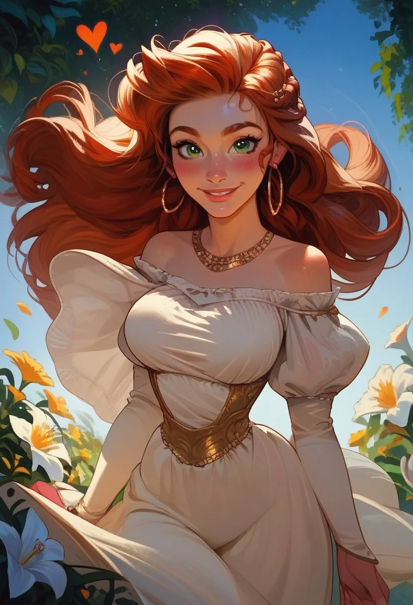 (score_9, score_8_up, score_7_up), vibrant colours, Arched back, adorable face, big beautiful eyes, cute face, cute cheeks, bright colored eyes, sweaty skin, human girl, 
curvy, bright green eyes, one big Braid, Long Hair, auburn hair, Long legs, bubble Butt, large Natural breasts, Happy, smiling, White Long fingernails, milf, Sadie, confident smile, 
beautiful hair ornament, dainty gold jewelry, gold hoop earrings, waist jewellery, horny expression, blushing, looking at viewer, mascara, fantasy clothes, floating hearts, happy, Background is a beautiful field of flowers,