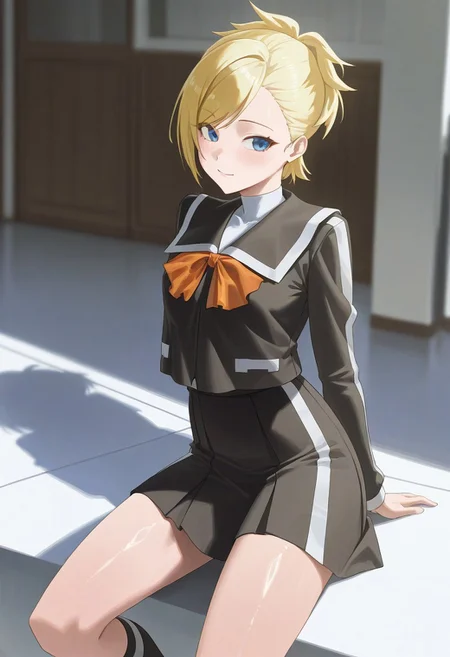 (best_quality, detailed, masterpiece, very_aesthetic, absurdres), general, m.q \(mqkyrie\), (zuharu:0.5)
BREAK
1girl, small breasts, upper_body, adult, ambient occlusion, ray tracing, shiny skin, blurry background, shadow
BREAK
l1s4p2, blonde hair, short hair, ponytail, blue eyes, black school uniform, long sleeves, orange ribbon, skirt, knee socks