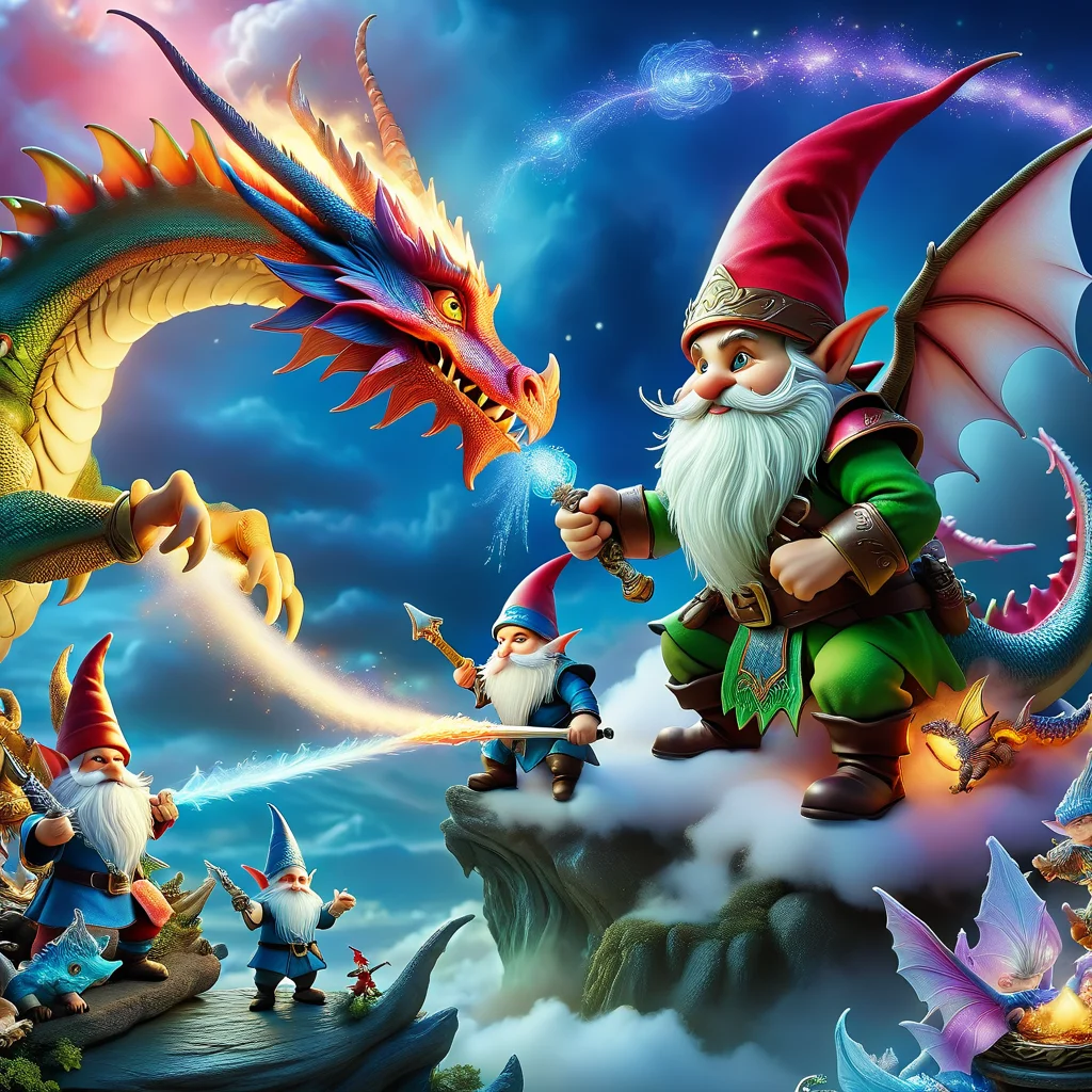 Fujifilm quality photograph (best quality)++, (masterpiece)++, (detailed)+, elf on the shelf fighting a Dragon, (fantasy illustration)1.3, enchanting Dragon battle elf on the shelf, mystical battle, (many gnomes battling)1.4 (whimsical charm).4 Otherworldly charm, mystical sky, (Luis Royo)1.2, (Yoshitaka Amano)1.1, moonlit night, soft colors, (detailed cloudscape)1.3, (high-resolution)1.2 (gnomes battling everywhere)1.2 , <lora:DonM3t3rn1tyXL-v1.1:0.8> DonM3t3rn1tyXL <lora:DonMD1g174l4sc3nc10nXL:0.8> DonMD1g174l4sc3nc10nXL <lora:Dragons:0.8> dragon <lora:EnvyMagicalXL01:0.8> magical <lora:FantasyLandscape:0.8> FanLan