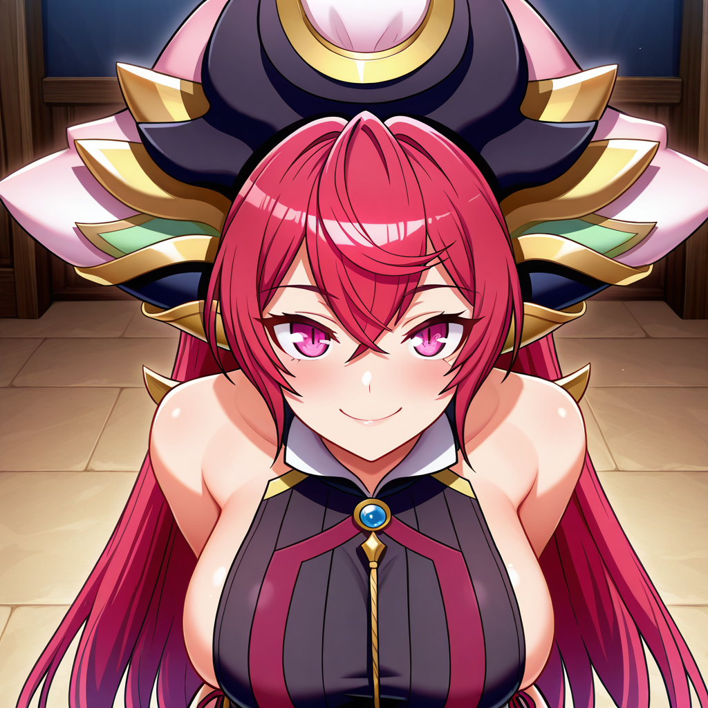 best quality, amazing quality, absurdres, uncensored, detailed eyes, perfect eyes, extremely detailed CG, extremely detailed face, perfect face, detailed Lora, best quality, anime, masterpiece, beautiful eyes, beautiful face, high resolution, distinct image, 4k, 8k, high_resolution, high, super, hyper, perfect_finger, distinct_image BREAK  <lora:Aku_no_Onna_Kanbu_Lunarverse13th_IL:1>Lunarverse13th_ad, 1girl, solo, red hair, long hair, mature female, pink eyes, large breasts, ornate headdress, jewelry, sideboob, bare shoulders, asymmetrical clothes, sleeveless, looking at viewer, smile, arms behind back, leaning forward
