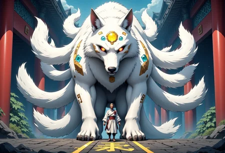 anime style Hyper detail fairtales illustrator art. The epic dramatic darktale style cinematic scene. The Mythical Creature of Giant White Fox in middle of the Shinto Temple, the fox have stripes lines pattern on the fur, 9 tails, the Moon Emblem on forehead, Lighting ruby eyes, in ready for attack position. Golden runes golden cybernectic line decorate, Grimmdark. (Ultra-detail, 32k, Masterpiece, High Quality, Detailed Realistic Background, Official Art,).
