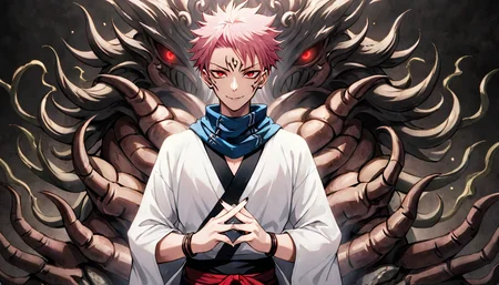 photograph cinematic photo,
jk3, jujutsu kaisen, 1boy, extra eyes, male focus, facial tattoo, spiked hair, white kimono, pink hair, extra arms, black nails, red eyes, evil smile, short hair, japanese clothes, own hands together, looking at viewer, sharp fingernails, facial mark, wide sleeves, forehead mark, upper body, evil grin, blue scarf, long sleeves, sash, multicolored hair, cowboy shot, undercut, black hair, two-tone hair, bracelet, open hands, glowing, brown hair, shoulder tattoo, jewelry, black scarf, colored skin, standing
(dutch angles:1.3)
<lora:Jujutsu-Kaisen:.7>, 50mm . cinematic 4k epic detailed 4k epic detailed photograph shot on kodak detailed cinematic hbo dark moody, 35mm photo, grainy, vignette, vintage, Kodachrome, Lomography, stained, highly detailed, found footage
