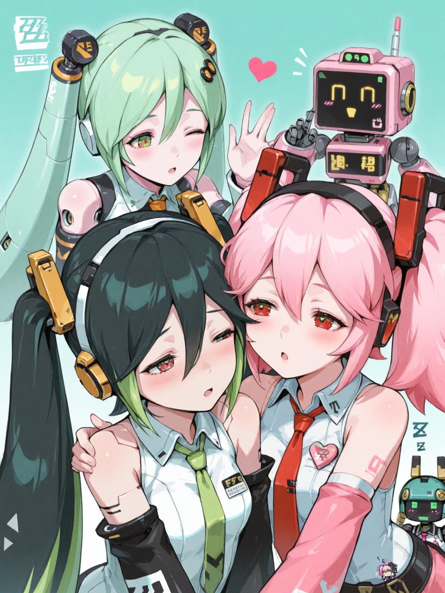 ZZZ, multiple girls, 3girls, robot, pink hair, green eyes, heart, one eye closed, necktie, hair ornament, android, open mouth, green hair, black hair, detached sleeves, multicolored hair, jewelry, red eyes, blush, twintails