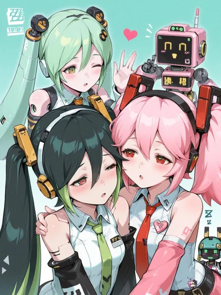 ZZZ, multiple girls, 3girls, robot, pink hair, green eyes, heart, one eye closed, necktie, hair ornament, android, open mouth, green hair, black hair, detached sleeves, multicolored hair, jewelry, red eyes, blush, twintails