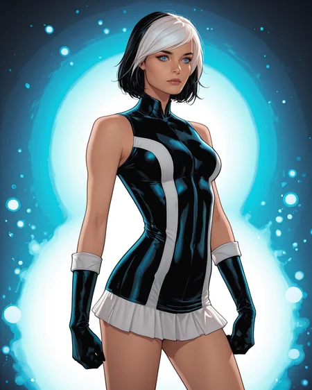 masterpiece, best quality, absurdres, perfect quality, absolutely eye-catching, <lora:JeffSpokesIllus:1> jspokes, <lora:EvaBellIllus:1> evabell, two-tone hair, white hair, black hair, short dress, gloves, short hair, contrapposto, blue eyes,