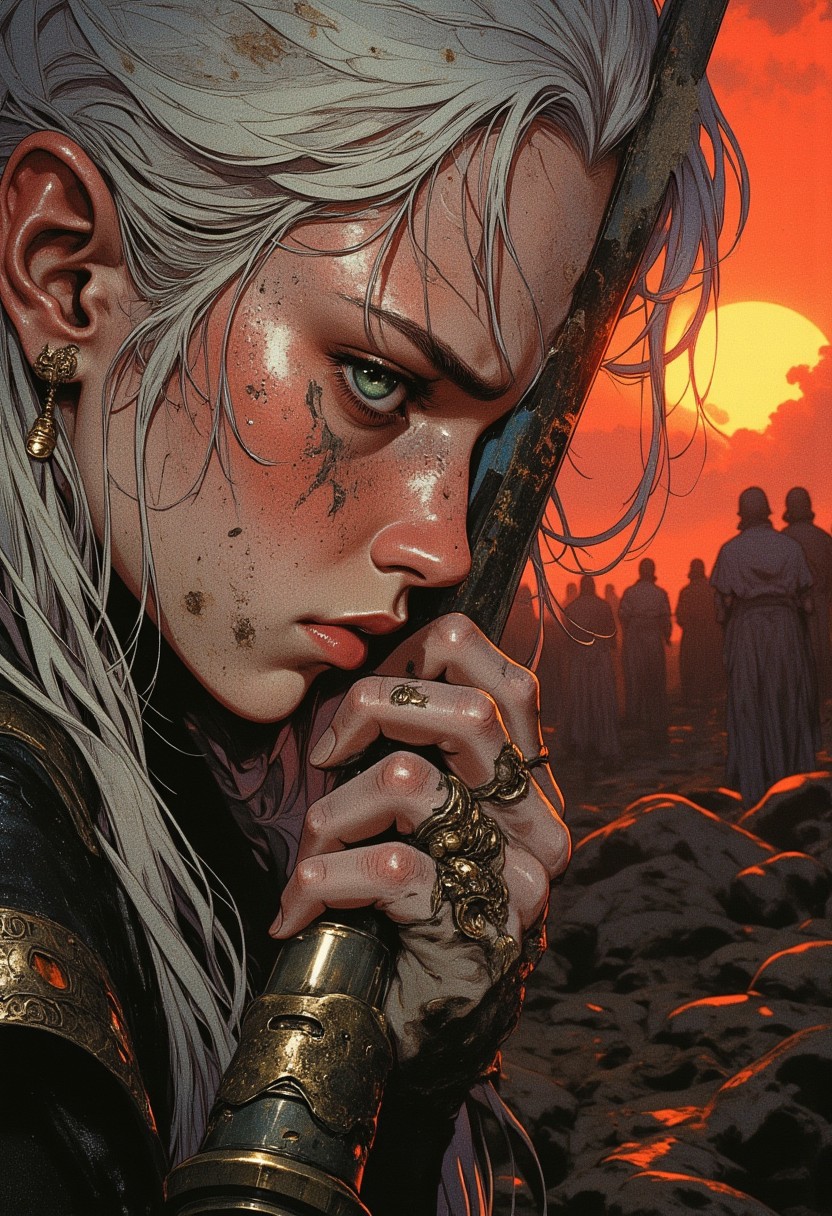A close-up of a grief-stricken warrior's face, her emerald-green eyes glistening with tears that streak down her pale, dirt-smeared cheeks. Strands of silver hair cling to her face, damp from sweat and sorrow. Her trembling hands clutch the hilt of a broken sword pressed against her forehead, its glowing runes flickering faintly, casting soft, mournful light across her features. The background fades into a blurred haze of crimson and amber from a burning sunset. The focus is intensely dramatic, capturing every detail of her anguish and the weight of loss etched into her expression.