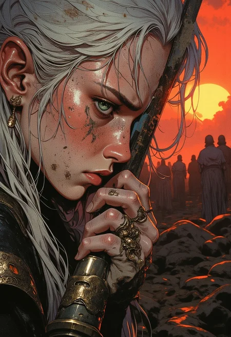 A close-up of a grief-stricken warrior's face, her emerald-green eyes glistening with tears that streak down her pale, dirt-smeared cheeks. Strands of silver hair cling to her face, damp from sweat and sorrow. Her trembling hands clutch the hilt of a broken sword pressed against her forehead, its glowing runes flickering faintly, casting soft, mournful light across her features. The background fades into a blurred haze of crimson and amber from a burning sunset. The focus is intensely dramatic, capturing every detail of her anguish and the weight of loss etched into her expression.