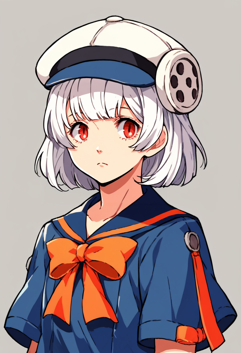 score_9, score_8_up, score_7_up, source_anime, 1girl, <lora:zs_HikariXL:1> hikaripq2, white hair, medium hair, red eyes, white cabbie hat, blue serafuku, orange ribbon, <lora:zs_ZeroAzurePortraitsXL:1> zeroazureportraits, solo, upper body, simple background
