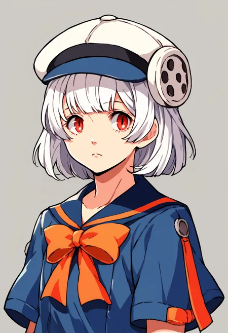 score_9, score_8_up, score_7_up, source_anime, 1girl, <lora:zs_HikariXL:1> hikaripq2, white hair, medium hair, red eyes, white cabbie hat, blue serafuku, orange ribbon, <lora:zs_ZeroAzurePortraitsXL:1> zeroazureportraits, solo, upper body, simple background