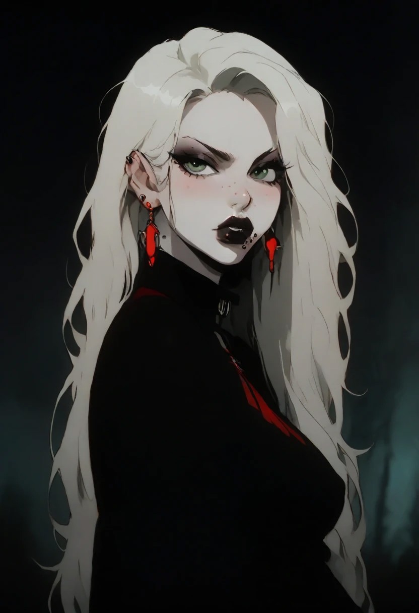 1girl, Kalluto Zoldyck, ((Goth Girl with very pale skin)),   black eyeliner , black lips, big breasts, big ass, thick lips, big lips, large lips,  bimbo lips, enormous lips, big thighs ,excessive pubic hair, plump, abs, wide hips, thick thighs, huge round ass, puckering lips, pouting face, (((blond hair))), two tone hair, 
 lip piercings, nose piercings, multiple ear piercings, navel piercings, septum piercing, 
score_9, score_8_up, score_7_up, score_6_up, source_cartoon, rating_explicit 
The background is a goth style bedroom,  lilandavastyle,
perfect slim figure, red earrings,  blonde, big ass, long braid, big breast, red high top shoes, blush stickers, makeup eyelids, freckles on the face, green eyes, a strand of long hair above the temples, excessive pubic hair, hairy stomach, hairy armpits, happy trail, skin dentation