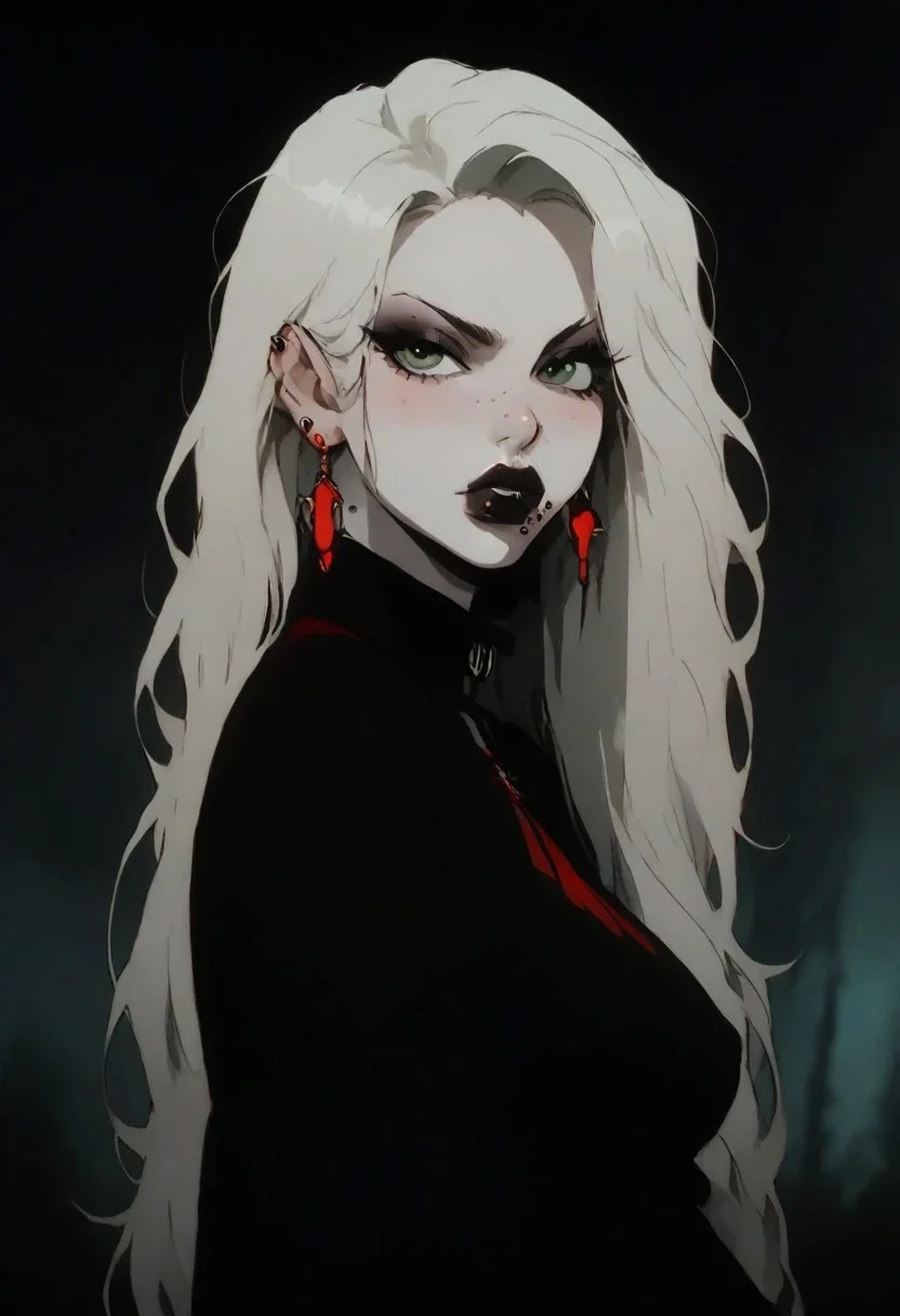 1girl, Kalluto Zoldyck, ((Goth Girl with very pale skin)), black eyeliner , black lips, big breasts, big ass, thick lips, big lips, large lips, bimbo lips, enormous lips, big thighs ,excessive pubic hair, plump, abs, wide hips, thick thighs, huge round ass, puckering lips, pouting face, (((blond hair))), two tone hair,
lip piercings, nose piercings, multiple ear piercings, navel piercings, septum piercing,
score_9, score_8_up, score_7_up, score_6_up, source_cartoon, rating_explicit
The background is a goth style bedroom, lilandavastyle,
perfect slim figure, red earrings, blonde, big ass, long braid, big breast, red high top shoes, blush stickers, makeup eyelids, freckles on the face, green eyes, a strand of long hair above the temples, excessive pubic hair, hairy stomach, hairy armpits, happy trail, skin dentation