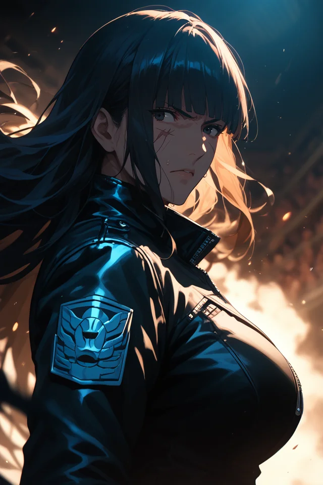 <lora:Expressive_H-000001>,<lora:modern_anime_screencap_v1_0:0.8>,source_anime,score_9,score_8_up,score_7_up,score_6_up,Volumetric Lighting,Cinematic Lighting,dark theme,dark background,low light,arena,looking ahead,
1girl,solo,<lora:age_slider_v4:1.4>,(mature female:1.2),tall female,dark blue hair,straight hair,long hair,full bangs,asymmetrical bangs,blunt bangs,black eyes,pale skin,medium breasts,angry,sweat,from side,leather jacket,long sleeves,high collar,black multicolored legwear,steam,depth of field,scar on face,scar across eye,raised fists,fighting stance,punching,