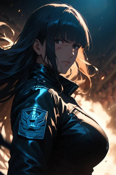 <lora:Expressive_H-000001>,<lora:modern_anime_screencap_v1_0:0.8>,source_anime,score_9,score_8_up,score_7_up,score_6_up,Volumetric Lighting,Cinematic Lighting,dark theme,dark background,low light,arena,looking ahead,
1girl,solo,<lora:age_slider_v4:1.4>,(mature female:1.2),tall female,dark blue hair,straight hair,long hair,full bangs,asymmetrical bangs,blunt bangs,black eyes,pale skin,medium breasts,angry,sweat,from side,leather jacket,long sleeves,high collar,black multicolored legwear,steam,depth of field,scar on face,scar across eye,raised fists,fighting stance,punching,