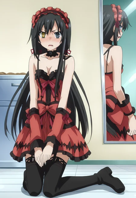 score_9, score_8_up, score_7_up, source_anime,
BREAK
1girl, solo, anime screencap, anime coloring,
<lora:shiYukinoV2:1.0>, yukirng, black hair, long hair, blue eyes, hair ribbon,
<lora:shiKurumiV2:1>, kurdef, yellow eyes, clock eyes, heterochromia, bare shoulders, detached sleeves, choker, red dress, cleavage, bow, black thighhighs, lace-up boots, hairband,
kneeling,
looking at viewer, open mouth, angry, ;o, shy, blush, wavy mouth,
indoors, mirror, full-face blush, steaming body,